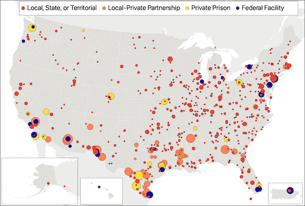 map showing dots where there are people incarcerated for the US Marshals and ICE